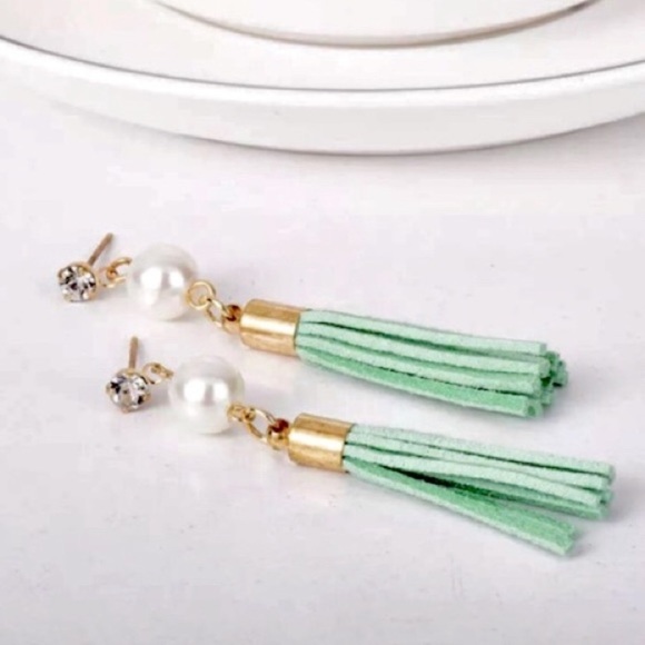 Diamonelle & Pearl Green Tassel Earrings